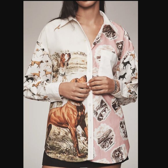 Anthropologie Maeve The Bennet Buttondown Shirt Pink Dog Pattern Graphic S SP - Picture 2 of 7